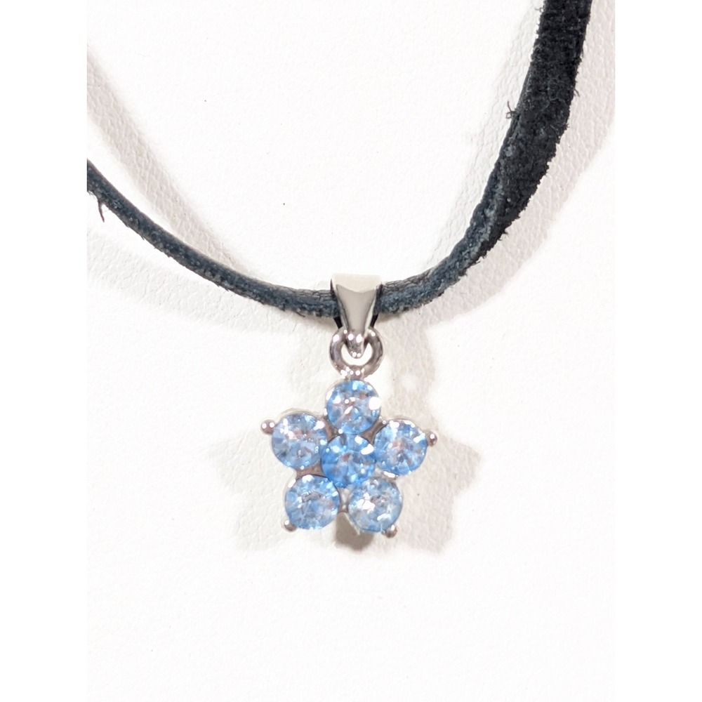 Y2K Blue Rhinestone Flower Dainty Charm Black Faux Leather Cord Necklace 19"